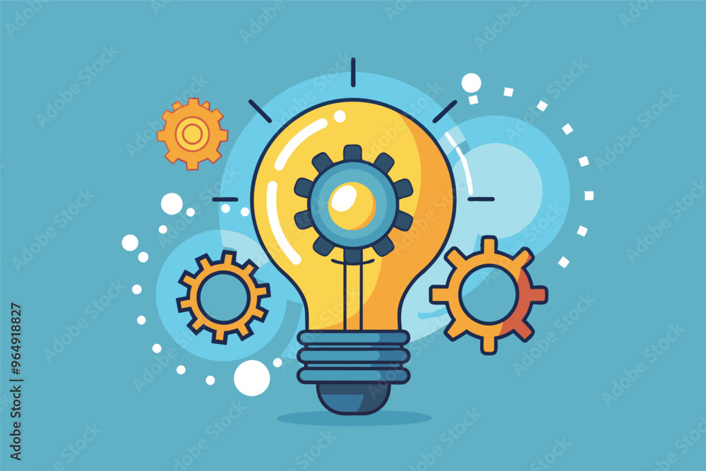 Poster Creative light bulb with gears representing innovation and ideas on a blue background emphasizing technology and imagination in a playful, modern design