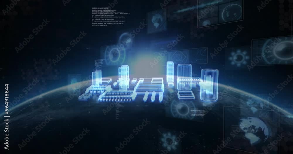 Poster animation of computer circuit board and data processing over globe on black background