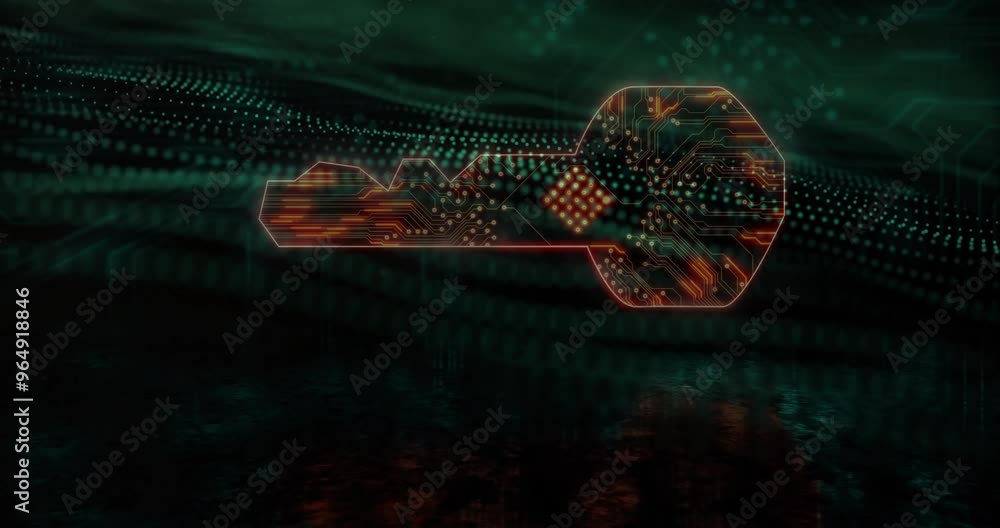 Poster animation of key icon with computer circuit board over spots on black background