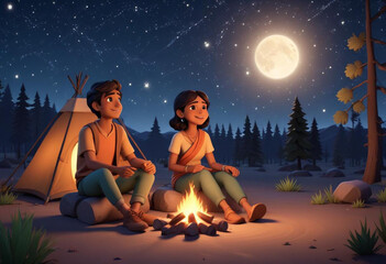 Comic A young Indian couple sitting on the ground under a starry night sky