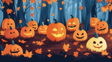 Carved Jack-O-Lantern Pumpkins In A Forest
