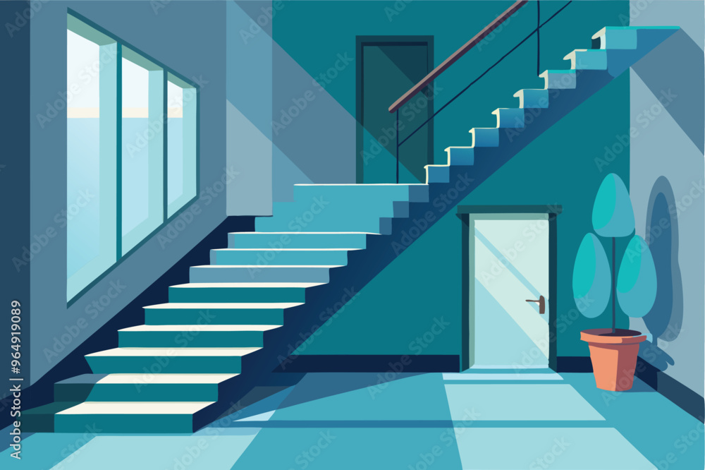 Poster a modern indoor staircase with a minimalist design, featuring large windows that flood the space wit