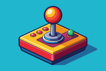 A vibrant arcade joystick sits against a bright blue background, showcasing colorful buttons and a prominent stick designed for retro gaming enthusiasts