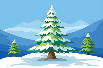 Winter landscape featuring a snow-covered evergreen tree set against a bright blue sky and distant pines, showcasing the beauty of the season