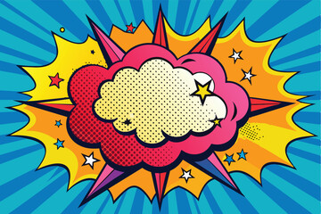 Brightly colored comic-style explosion with stars and lightning bolts set against a vibrant blue background depicting excitement and energy