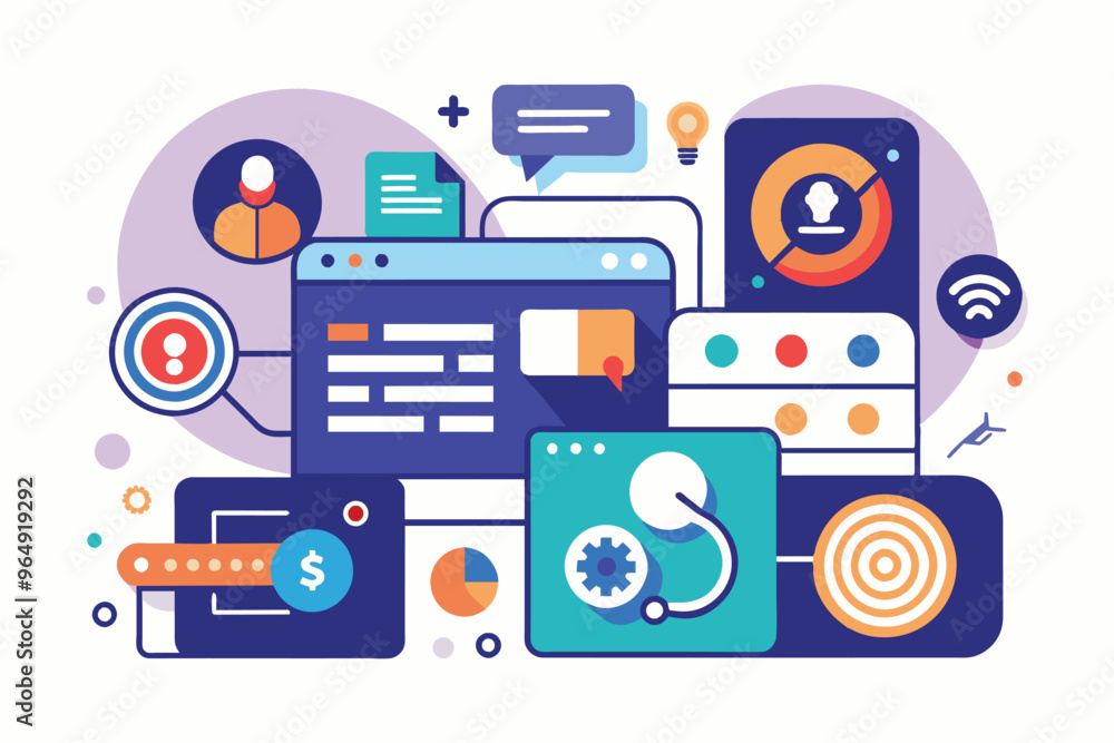 Poster a young professional engages with digital tools and analytics while surrounded by colorful icons rep