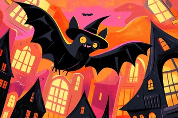 A Black Bat Wearing a Witch's Hat Flies Over a Town at Dusk