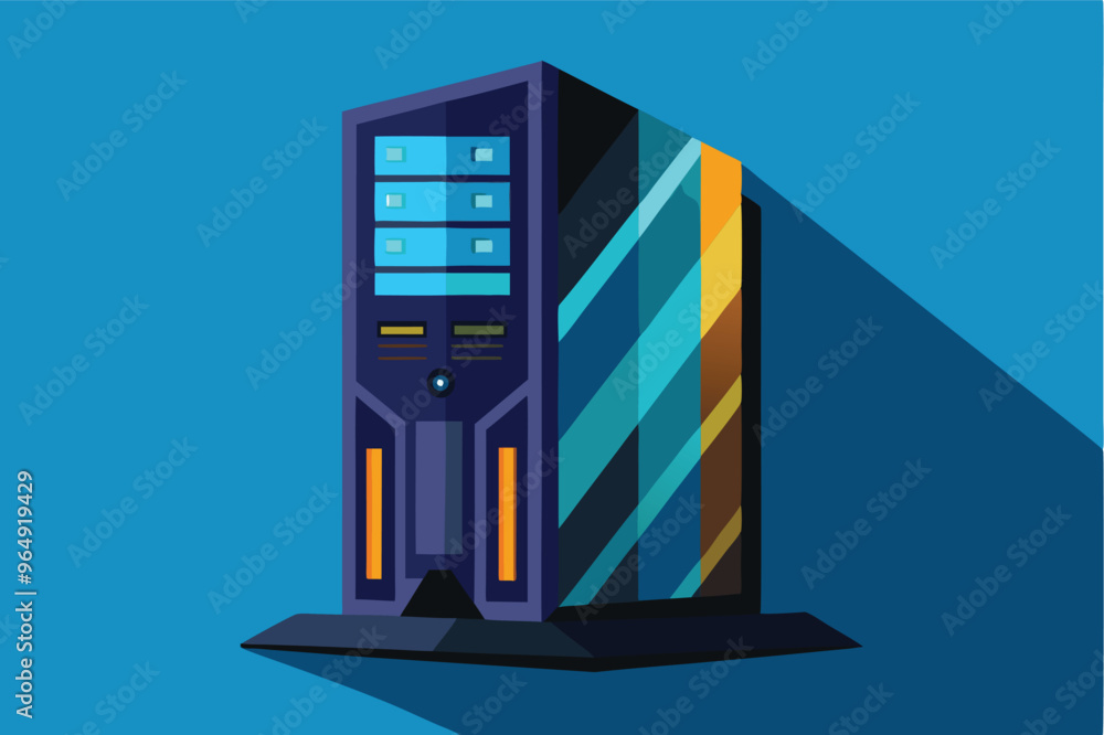Poster a stylized computer tower on a blue base against a bold red background at sunset, showcasing a moder