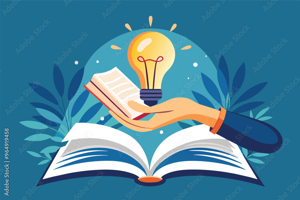 Poster a hand holding a pen above an open book with a glowing light bulb, symbolizing creativity and learni