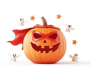 Fototapeta premium Jack-o'-lantern Superhero with Flying Ghosts and Stars