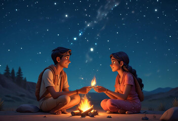 Comic A young Indian couple sitting on the ground under a starry night sky