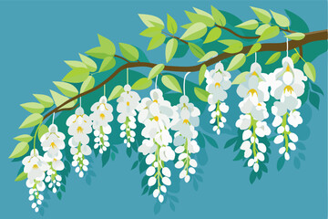 A close-up view of a flowering branch featuring white blooms and green leaves against a solid teal background in a stylized illustration