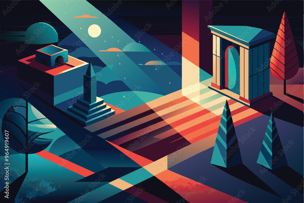 Poster A colorful abstract representation of a geometric landscape featuring structures and figures under varying light conditions and shadows