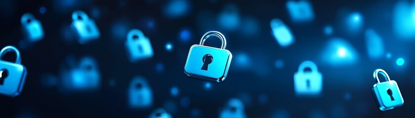 A digital illustration showcasing floating blue locks symbolizing security and protection in a technology-driven environment.