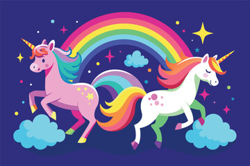 Colorful unicorns prancing under a vibrant rainbow with magical stars in a nighttime sky filled with wonder and joy