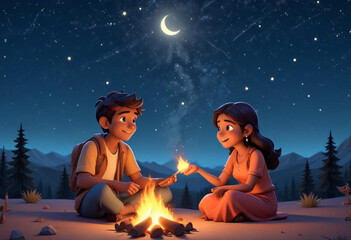 Comic A young Indian couple sitting on the ground under a starry night sky