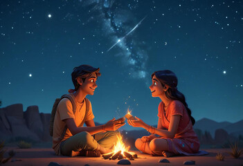 Comic A young Indian couple sitting on the ground under a starry night sky