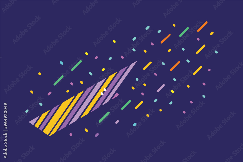 Poster colorful geometric shapes scattered across a divided background representing dynamic movement and ar