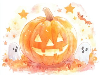 Fototapeta premium Watercolor Pumpkin with Ghosts and Stars for Halloween
