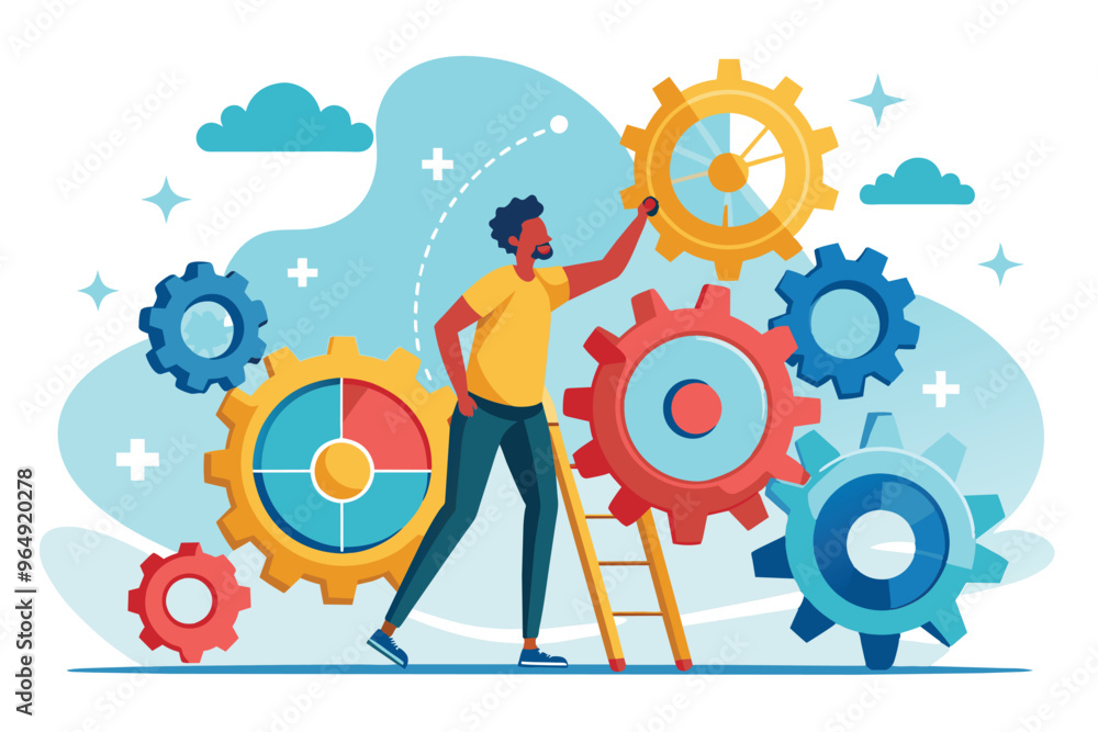 Leinwandbilder a person adjusting colorful gears while standing on steps in a modern, abstract setting with clouds 