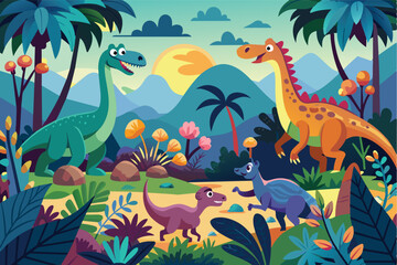 Two colorful dinosaurs exploring a vibrant jungle with ferns and mountains in the background during a sunny day