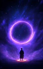Obraz premium A mystical figure stands before a glowing portal, enveloped in vivid purple light amidst a starry backdrop, inspiring wonder.
