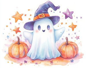 A Friendly Ghost Wearing a Witch's Hat with Pumpkins and Stars