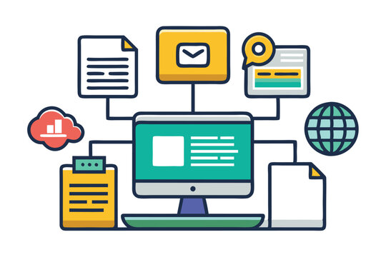 A colorful representation of data management showcasing a computer connected to various documents, gears, and cloud storage, symbolizing the integration of technology and information exchange