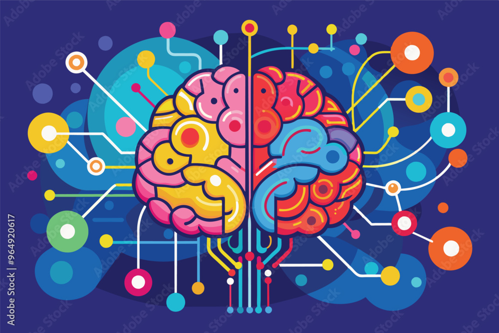 Poster a colorful digital illustration of a brain connected to various technology nodes, symbolizing the fu