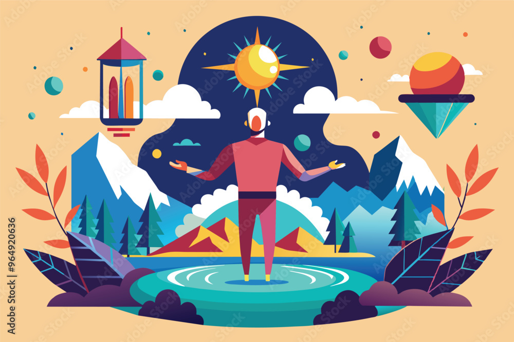 Poster a cosmic figure prepares a vibrant concoction while surrounded by mountains, planets, and a colorful