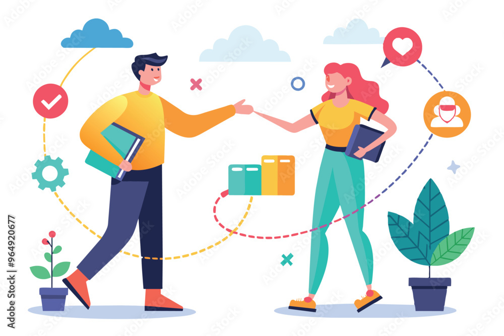 Aufkleber a businesswoman and businessman engage in a discussion about networking strategies amid digital comm