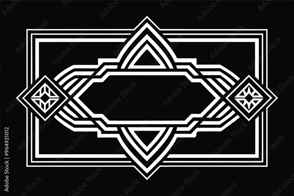 Poster decorative geometric design featuring intricate patterns and shapes on a black background with white