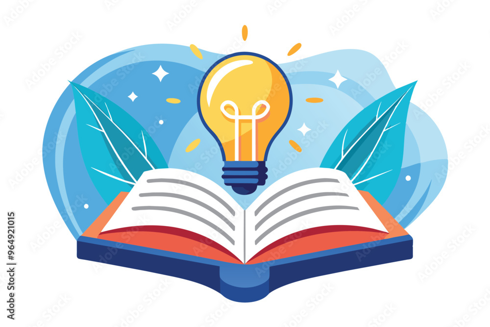 Poster A bright light bulb emerging from an open book amidst colorful leaves, symbolizing creativity and learning in a vibrant and imaginative setting