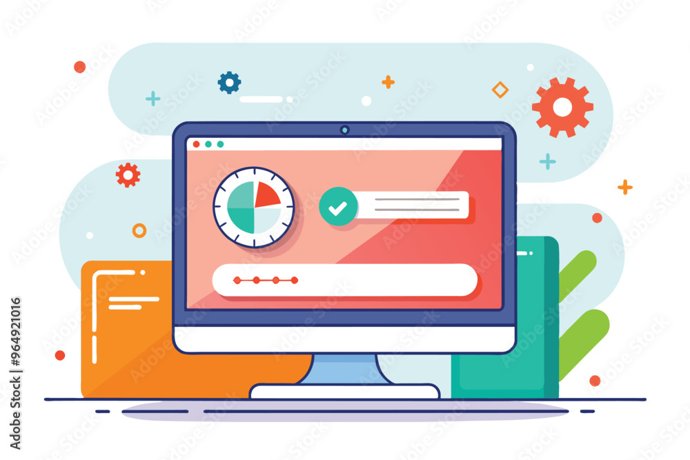 Poster a modern desktop computer displaying a progress bar, pie chart, and checkmark, set against a vibrant