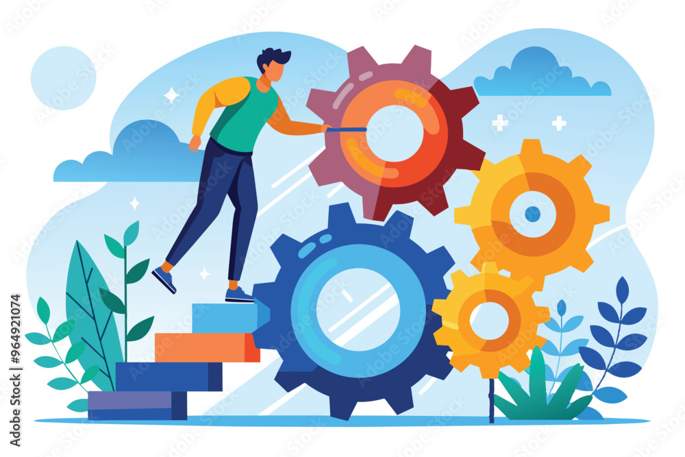Aufkleber A person adjusting colorful gears while standing on steps in a modern, abstract setting with clouds and greenery, symbolizing progress and creativity