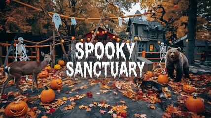 A spooky Halloween scene with a brown bear, a deer, and pumpkins, perfect for a spooky sanctuary themed event. 
