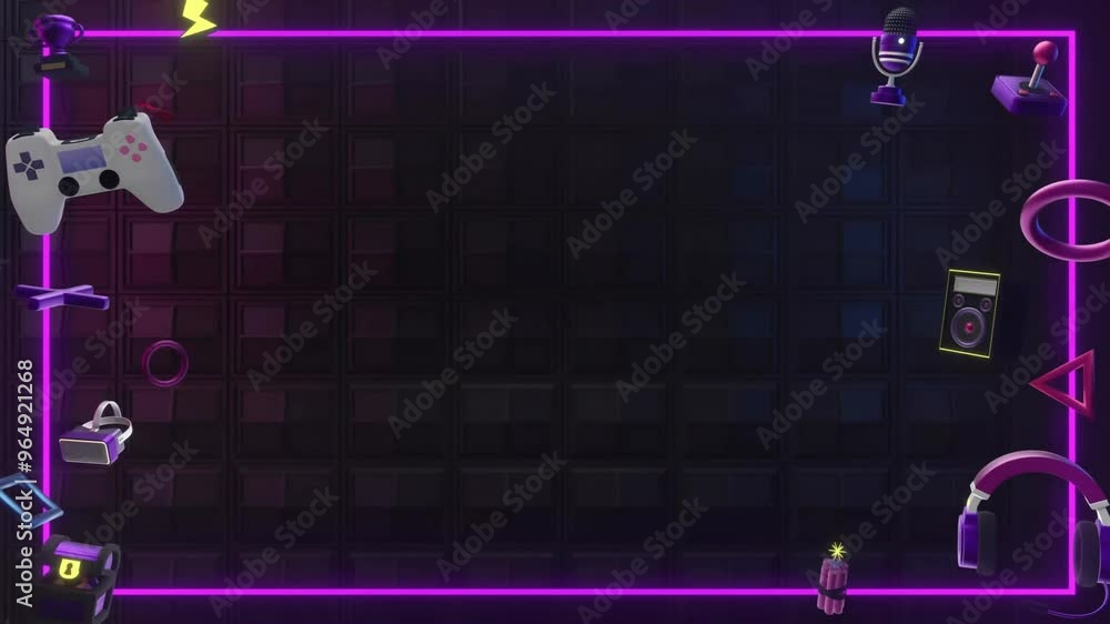 Poster animation of neon frame with icons and shapes on black background