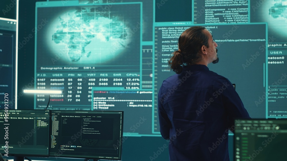 Poster governmental hackers at work planning advanced cyber attacks on servers infrastructure to gather int
