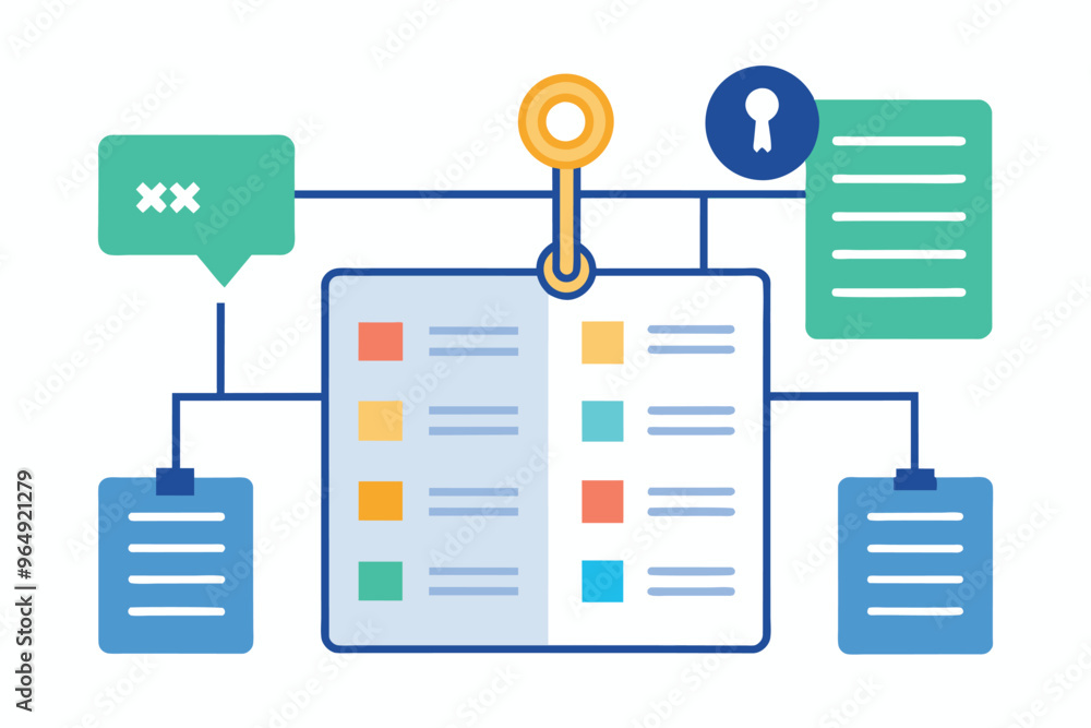 Poster a digital illustration showcasing interconnected data and secure information management in a modern 