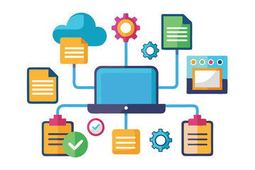 A colorful representation of data management showcasing a computer connected to various documents, gears, and cloud storage, symbolizing the integration of technology and information exchange