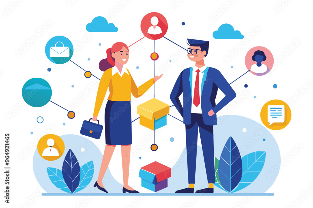 Aufkleber A businesswoman and businessman engage in a discussion about networking strategies amid digital communication icons and imagery, reflecting modern workplace collaboration and connection