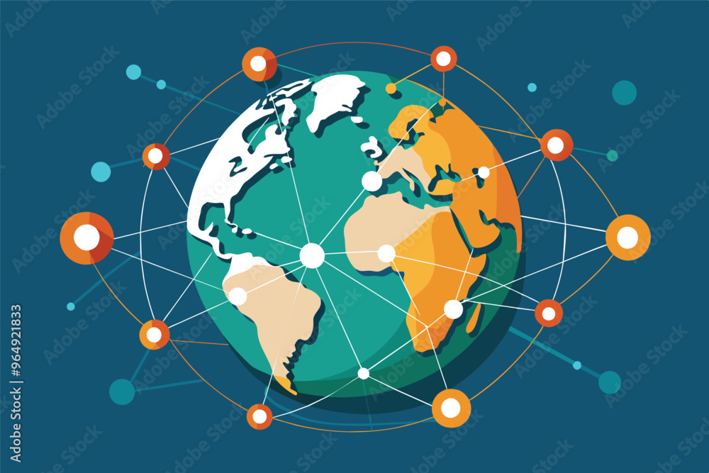 Poster a colorful representation of earth interconnected by a web of digital nodes, illustrating global con