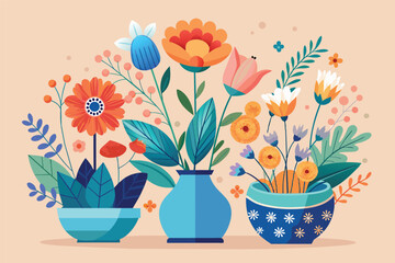 Colorful arrangement of blooming flowers in various vases against a warm backdrop showcasing natures beauty and vibrant colors