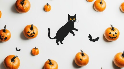 Playful Black Cat Among Halloween Pumpkins and Bats - Festive Halloween Decor Whimsical Design