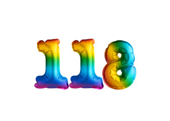 Multicolored balloon for number 118 celebration. Happy birthday on white background