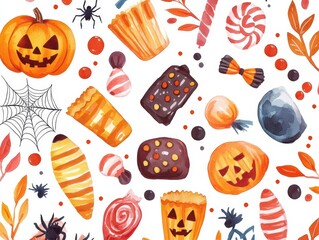 Watercolor Halloween Pattern with Pumpkins, Spiders, and Candy