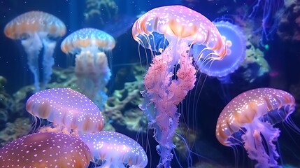 Jellyfish with white spots float in an aquarium, illuminated by blue light.