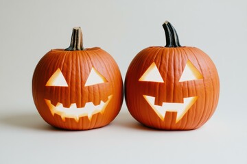 2 Festively Carved Halloween Pumpkins with Spooky Smiling Expressions