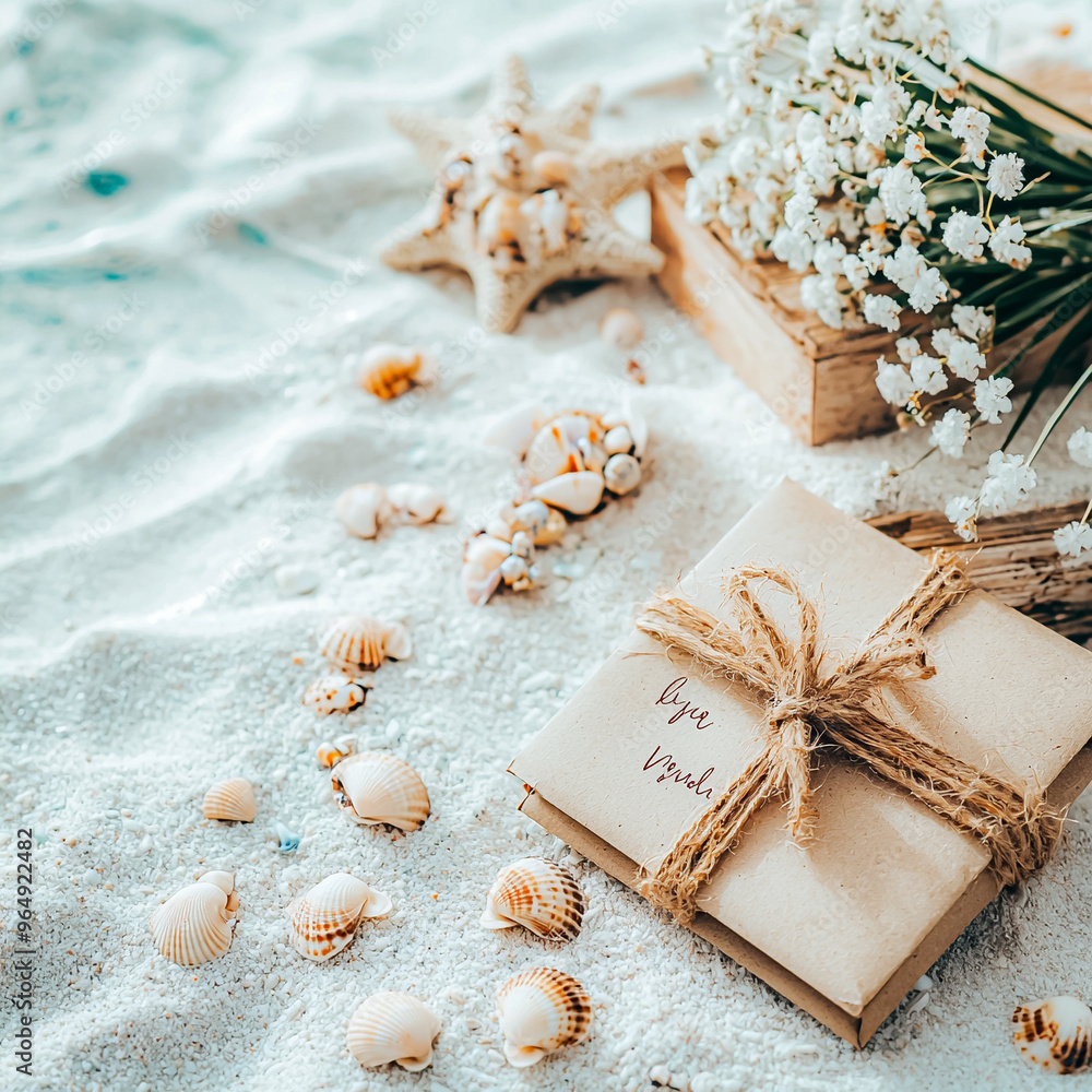 Poster a box with a ribbon tied around it is on a beach with shells scattered around it