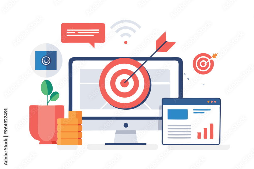 Leinwandbilder a digital marketing concept featuring a computer with target graphics and analytics symbols, emphasi